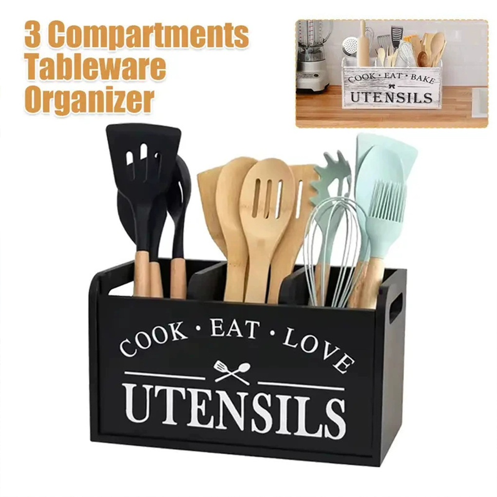 Commercial Kitchen Knife Holder - Tempat Peralatan Dapur Kayu 3 Kompartemen,